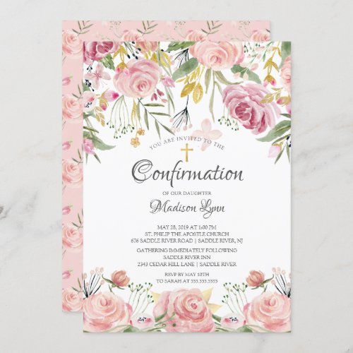Blush Pink Floral  Gold Cross Confirmation Invitation