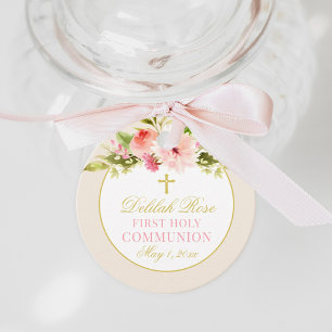 Blush Pink Floral Gold Cross First Communion Favor Tags