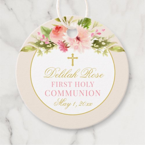 Blush Pink Floral Gold Cross First Communion Girl  Favor Tags