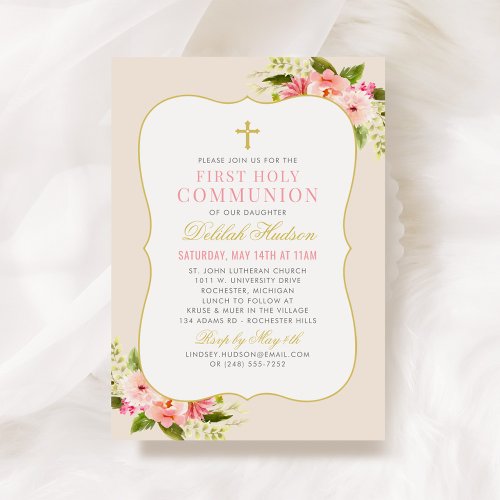 Blush Pink Floral Gold Cross First Communion Girl Invitation