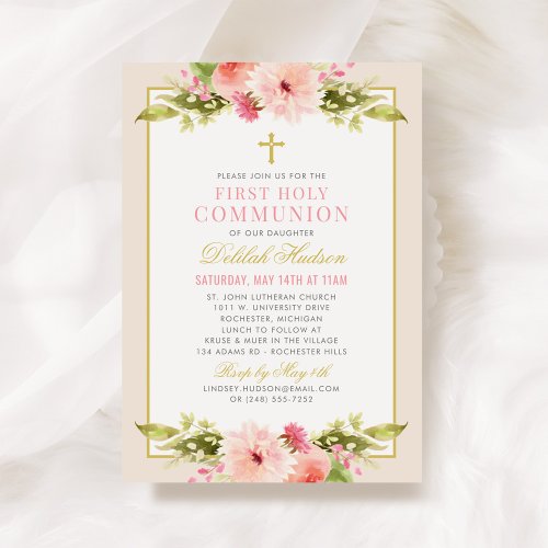 Blush Pink Floral Gold Cross First Communion Girl Invitation
