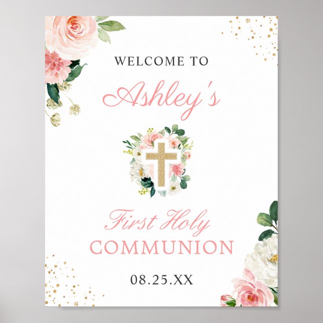 Blush Pink Floral Gold Cross First Communion Sign (Front)