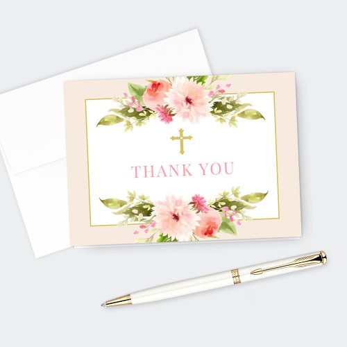 Blush Pink Floral Gold Cross First Communion Thank You Card