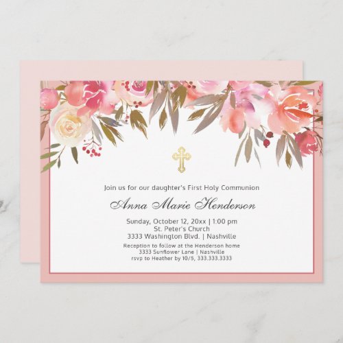 Blush Pink Floral Gold Cross First Holy Communion  Invitation