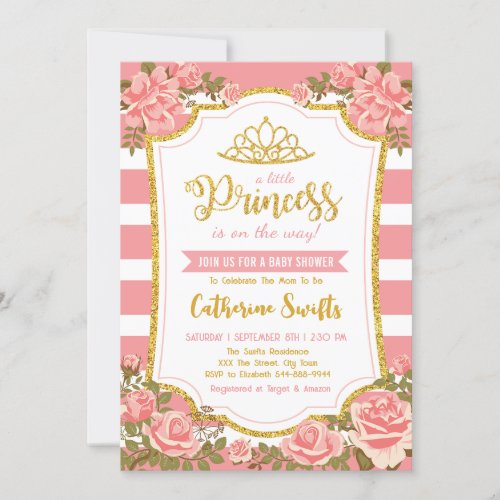 Blush Pink Floral Gold Crown Princess Baby Shower Invitation