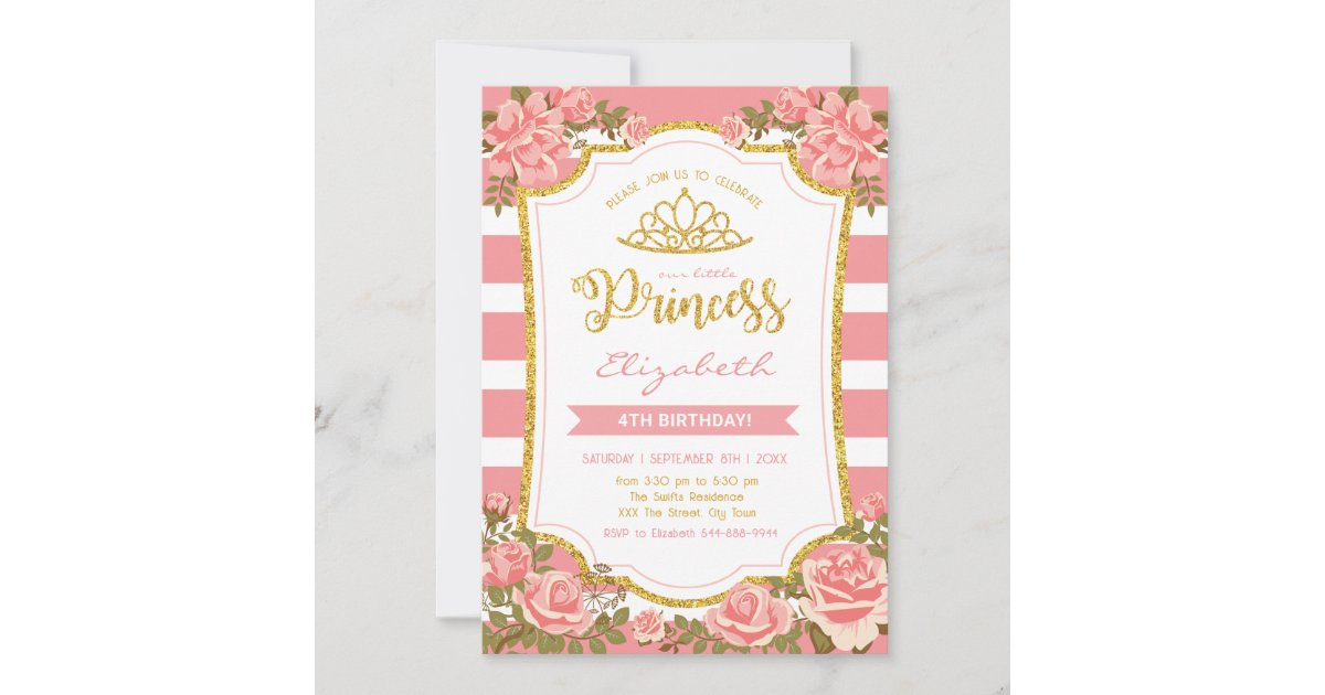 Blush Pink Floral Gold Crown Princess Birthday Invitation | Zazzle