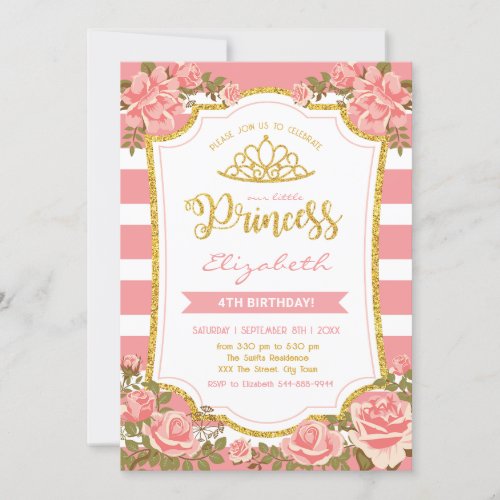 Blush Pink Floral Gold Crown Princess Birthday Invitation
