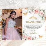 Blush Pink Floral Gold Crown Quinceañera Photo  Thank You Card<br><div class="desc">This chic Quinceañera thank you card features delicate watercolor blush pink floral, soft greenery foliage and blush pink butterflies. Personalize it with your details easily and quickly, simply press the customise it button to further re-arrange and format the style and placement of the text. Also great for Sweet 16, 18th...</div>