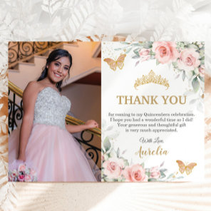 Blush Pink Floral Gold Crown Quinceañera Photo  Thank You Card