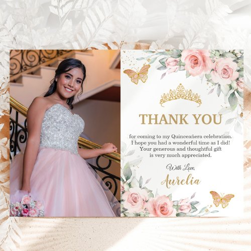 Blush Pink Floral Gold Crown Quinceaera Photo  Thank You Card