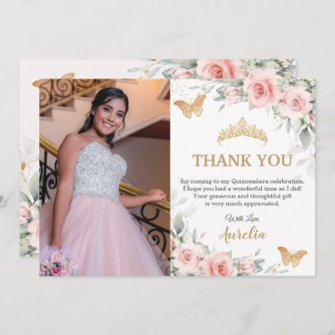 Blush Pink Floral Gold Crown Quinceañera Photo  Thank You Card