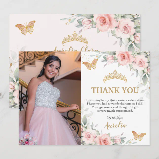 Blush Pink Floral Gold Crown Quinceañera Photo Thank You Card Zazzle