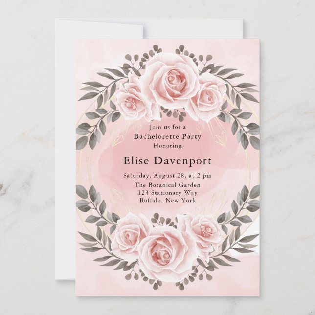 Blush Pink Floral Gold Crystal Bachelorette Party Invitation (Front)
