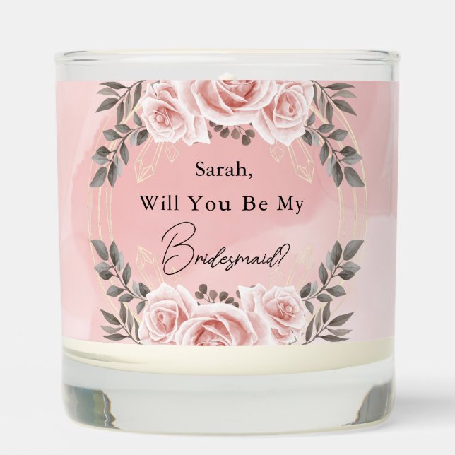 Blush Pink Floral Gold Crystal Bridesmaid Scented Candle (Front)