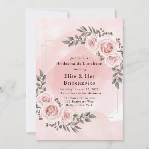 Blush Pink Floral Gold Crystal Bridesmaids Lunch Invitation