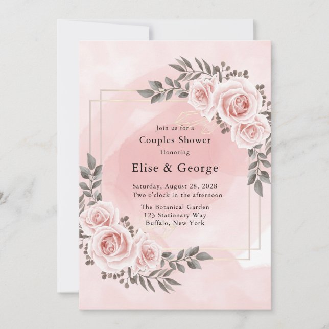 Blush Pink Floral Gold Crystal Couple Shower Invitation (Front)