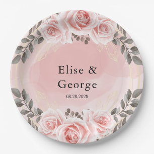 Blush Pink Floral Gold Crystal Geometric Wedding Paper Plates