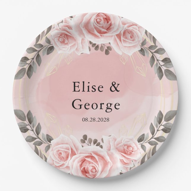 Blush Pink Floral Gold Crystal Geometric Wedding Paper Plates (Front)