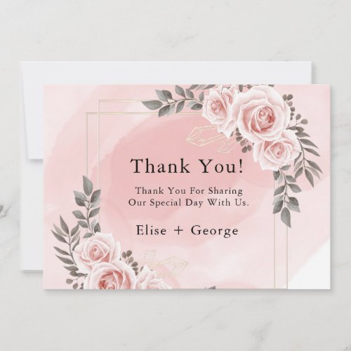 Blush Pink Floral Gold Crystal Thank You Card