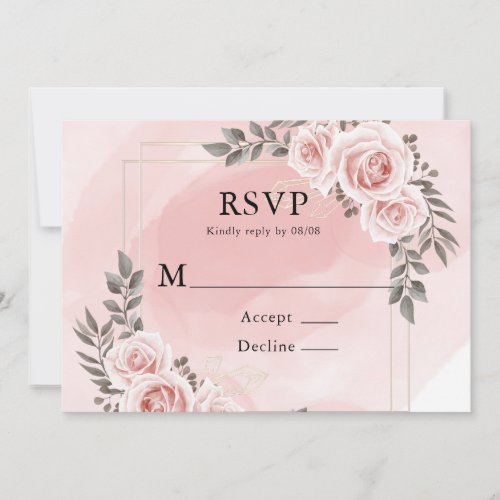 Blush Pink Floral Gold Crystal Wedding RSVP Cards