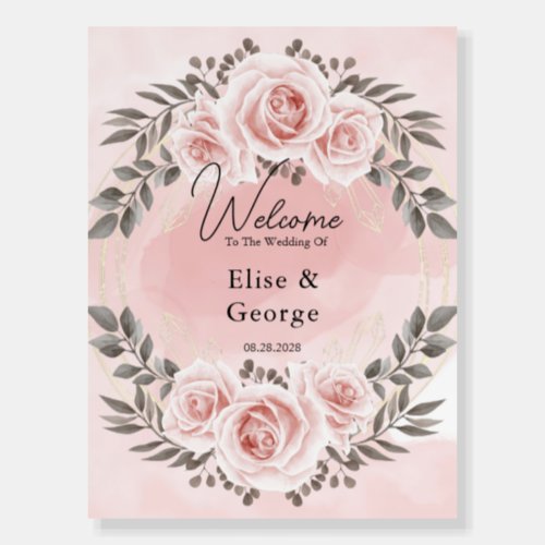 Blush Pink Floral Gold Crystal Wedding Welcome Foam Board