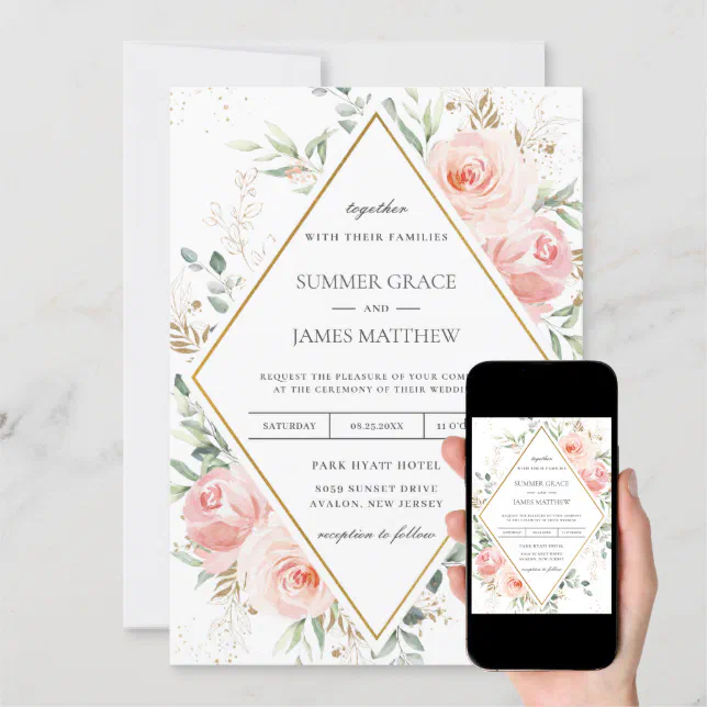 Blush Pink Floral Gold Diamond Geometric Wedding Invitation Zazzle