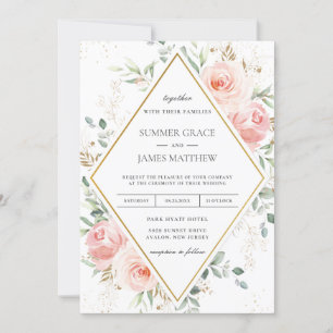 Blush Pink Floral Gold Diamond Geometric Wedding Invitation