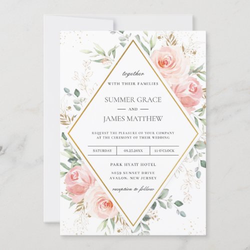 Blush Pink Floral Gold Diamond Geometric Wedding  Invitation