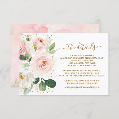 Blush Pink Floral  Gold Dust Wedding Details Card