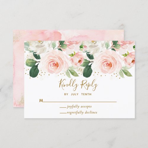 Blush Pink Floral  Gold Dust Wedding RSVP Card