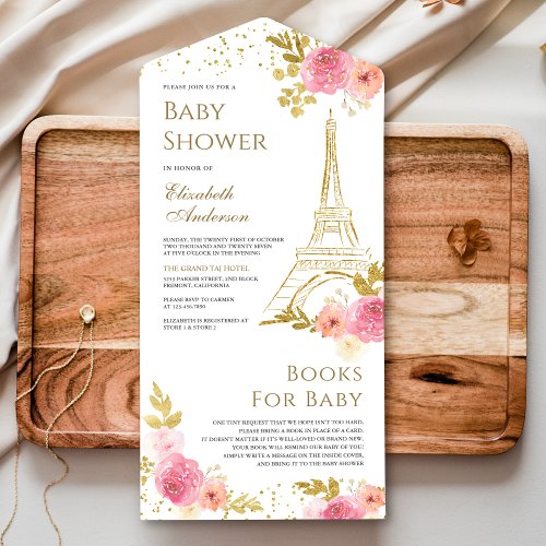 Blush Pink Floral Gold Eiffel Tower Baby Shower All In One Invitation
