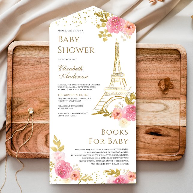 Blush Pink Floral Gold Eiffel Tower Baby Shower All In One Invitation (Creator Uploaded)