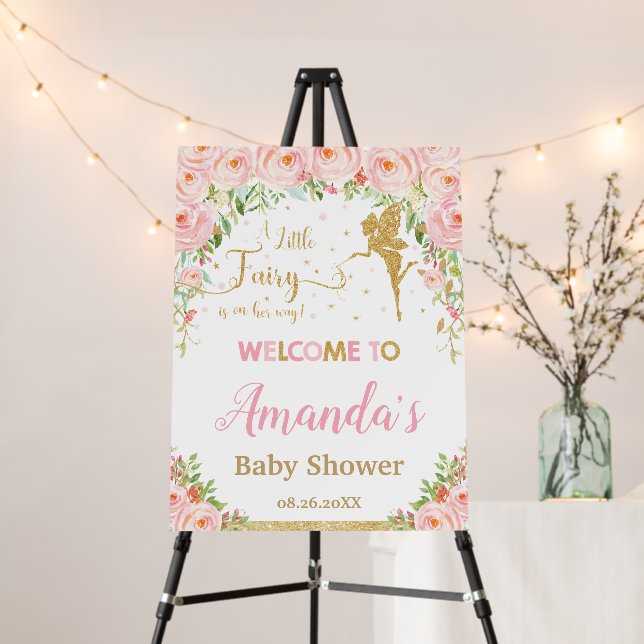 Blush Pink Floral Gold Fairy Baby Shower Welcome Foam Board (In Situ (Stand))