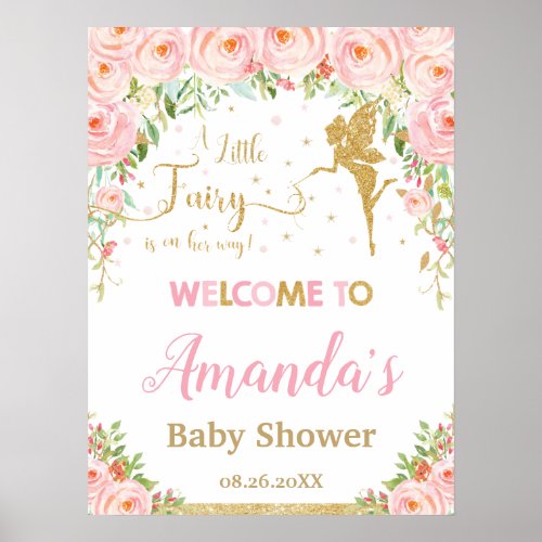 Blush Pink Floral Gold Fairy Baby Shower Welcome Poster