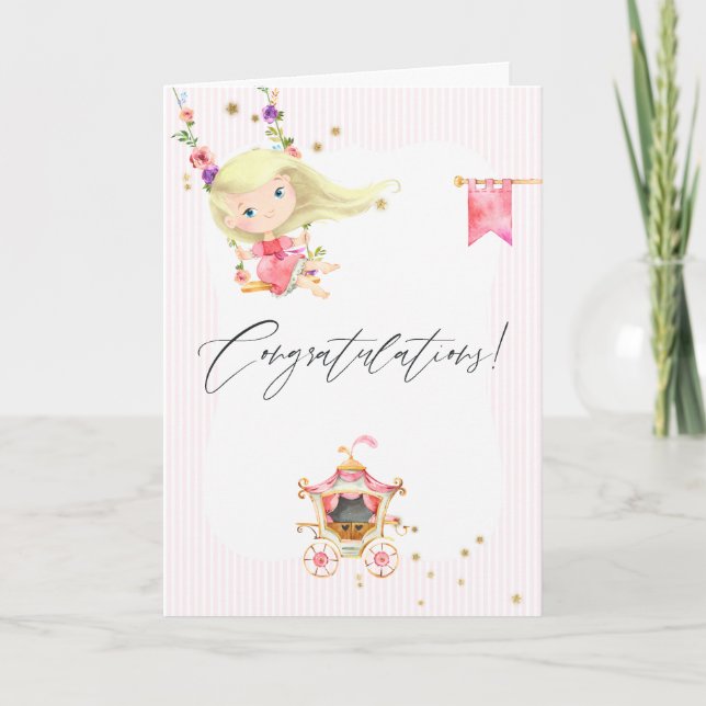 Blush pink floral & gold foil and glitter princess card (Front)