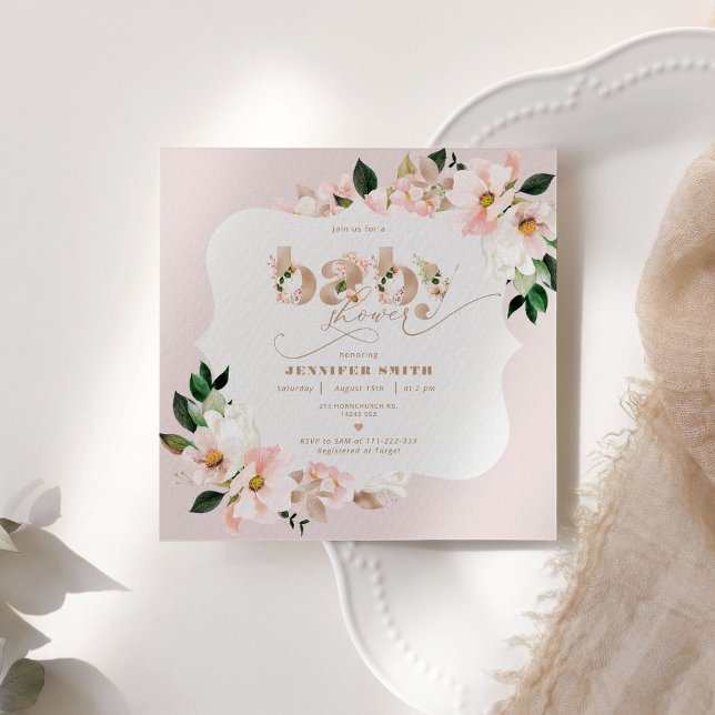 Blush pink floral gold foil baby girl shower invitation (Creator Uploaded)