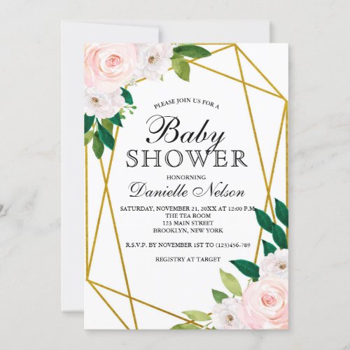 Blush Pink Floral Gold Frame Baby Shower Invitation