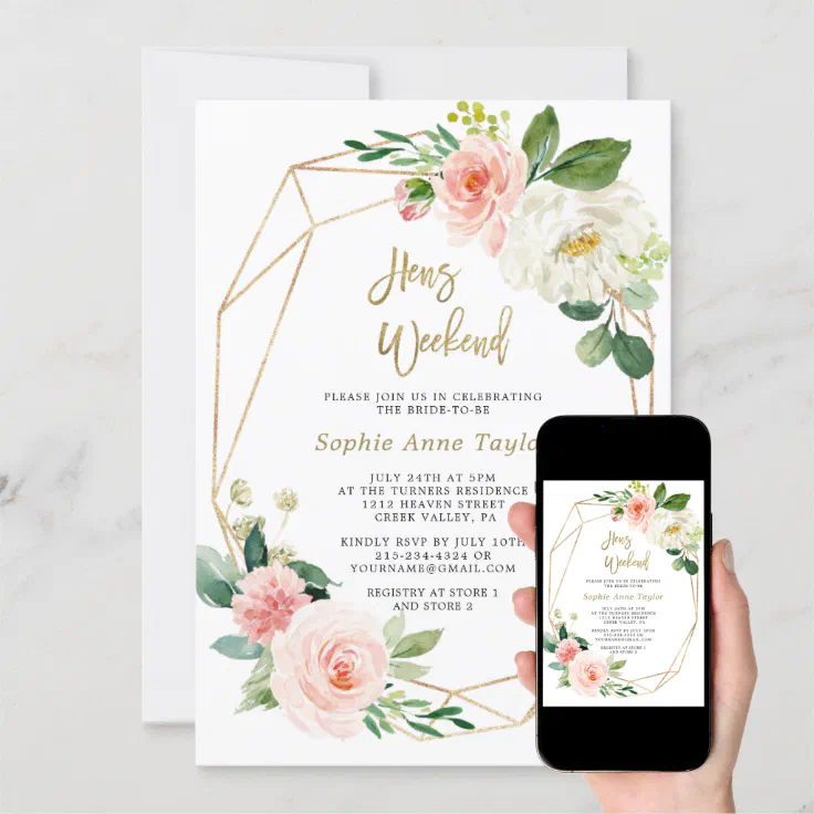 Blush Pink Floral Gold Frame Bachelorette Weekend Invitation Zazzle