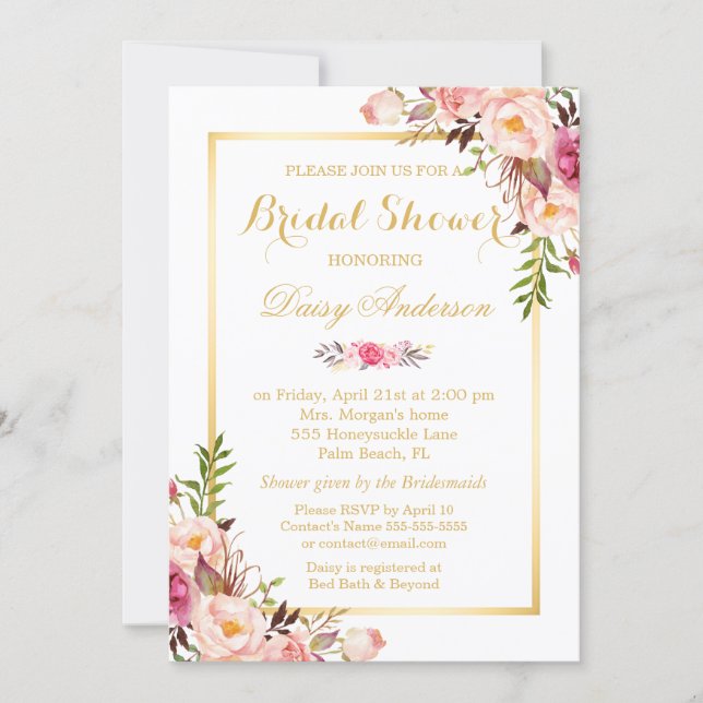 Blush Pink Floral Gold Frame Bridal Shower Invitation (Front)