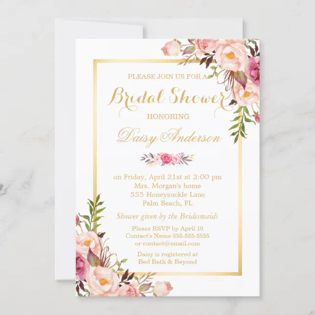 Blush Pink Floral Gold Frame Bridal Shower Invitation Zazzle