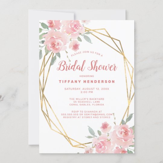 Blush Pink Floral Gold Frame Bridal Shower Invitation