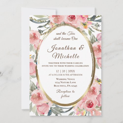 Blush Pink Floral Gold Frame Christian Wedding Invitation