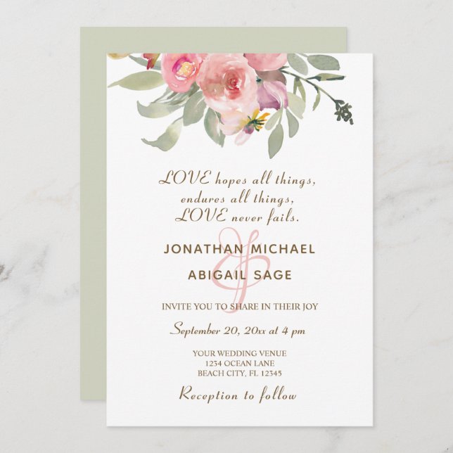Blush Pink Floral Gold Frame Christian Wedding Invitation (Front/Back)