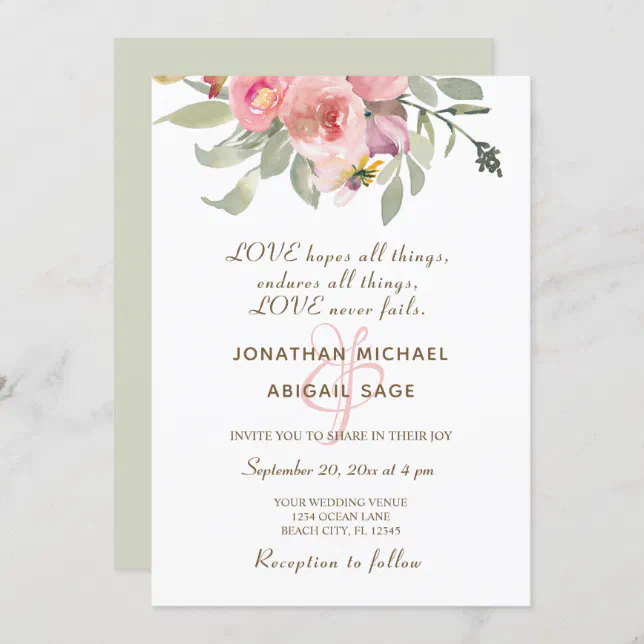 Blush Pink Floral Gold Frame Christian Wedding Invitation | Zazzle