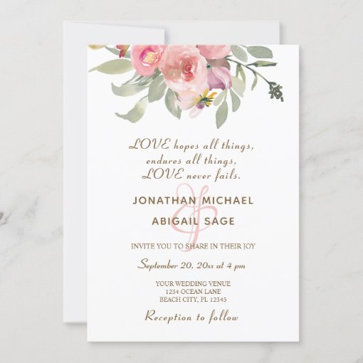 Blush Pink Floral Gold Frame Christian Wedding Invitation | Zazzle