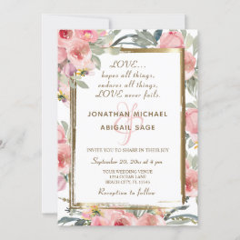 Blush Pink Floral Gold Frame Christian Wedding Invitation