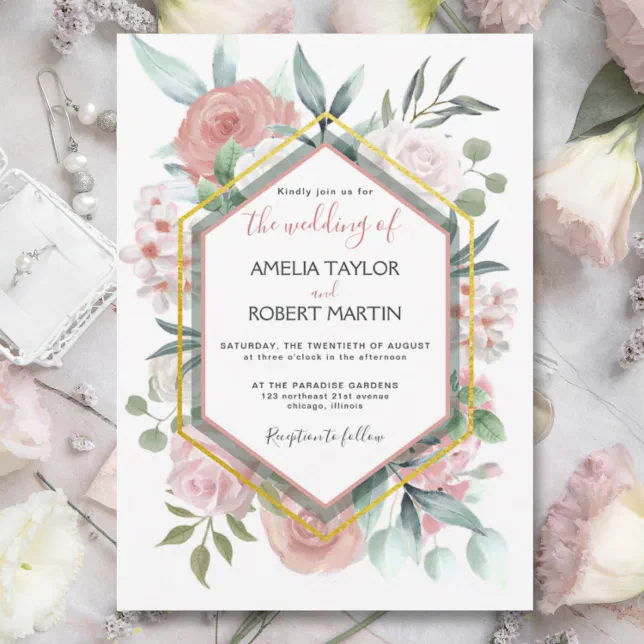 Blush Pink Floral Gold Frame Invitation Zazzle