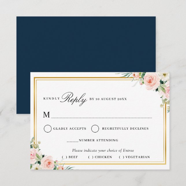 blush pink floral gold frame meal choice RSVP card (Front/Back)