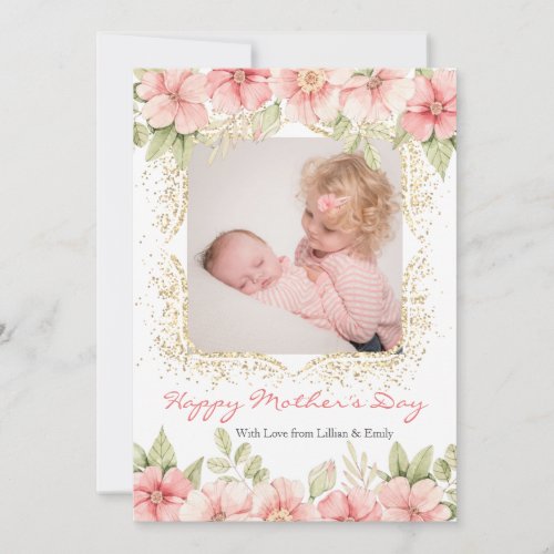 Blush Pink Floral Gold Frame Mothers Day Photo Holiday Card