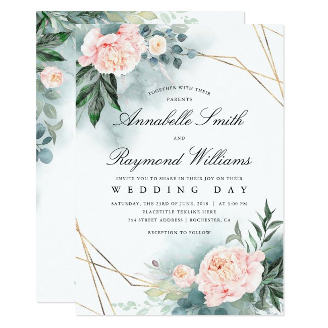 Blush Pink Floral Gold Frame | Peony Wedding Invitation